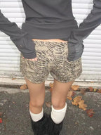 Washed Leopard Print Straps Denim Shorts