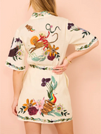 Whimsical Botanical Print Collared Button Front Tie Waist Mini Shirt Dress