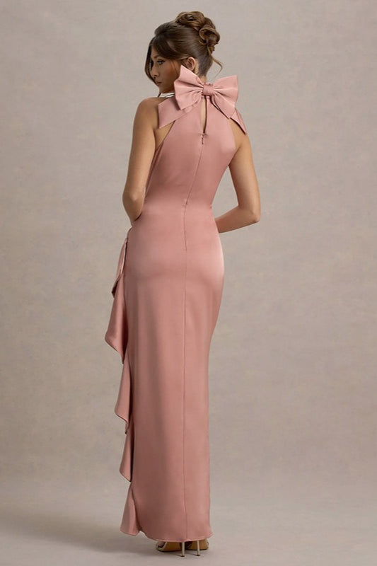 Satin Mock Neck Halter Bow Back Ruched High Split Maxi Gown