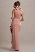 Satin Mock Neck Halter Bow Back Ruched High Split Maxi Gown