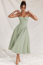 Corset Bodice Basque Waist Pleated A-Line Midi Dress