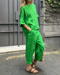 Casual Solid Color Crewneck Top & Pants Cotton Linen Two-piece Set