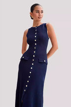 Ribbed Knit Sleeveless Button Down Crewneck Flap Pocket Bodycon Midi Sweater Dress