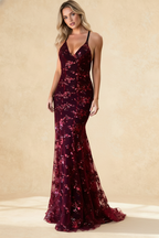 Sequin Floral Embroidery Sheer Mesh Deep V-Neck Mermaid Maxi Gown