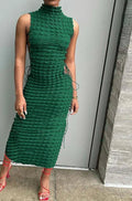 Mock Neck Popcorn Texture Side Lace Up Cut Out Bodycon Midi Dress