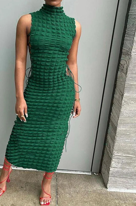 Mock Neck Popcorn Texture Side Lace Up Cut Out Bodycon Midi Dress