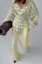 Color-block Plaid Belted Long Sleeve Blouse