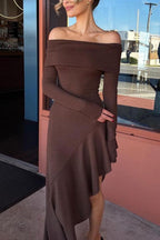 Off Shoulder Long Sleeve Ribbed Knit Asymmetric Drape Hem Maxi Dress