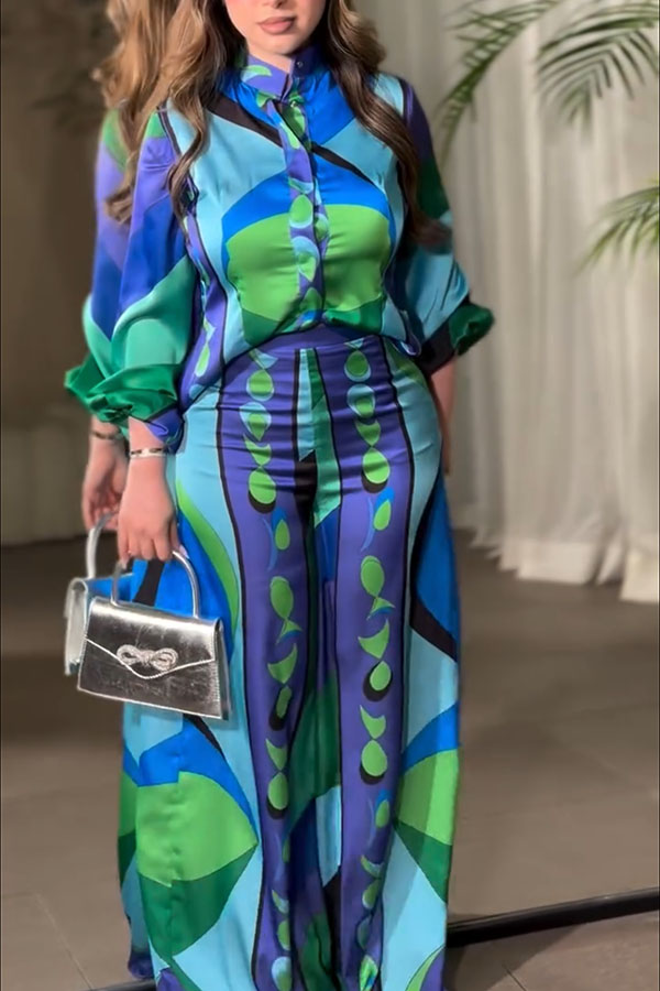 Ellie Satin Unique Print Balloon Sleeve High Low Shirt and Elastic Waist Pocket Loose Pants Set