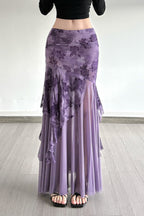 Vintage Floral Print Ruched Maxi Skirt