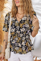 Floral Print V Neck Smocked Babydoll Blouse