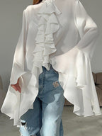 Round Neck Trumpet Sleeve Ruffled Chiffon Shirt