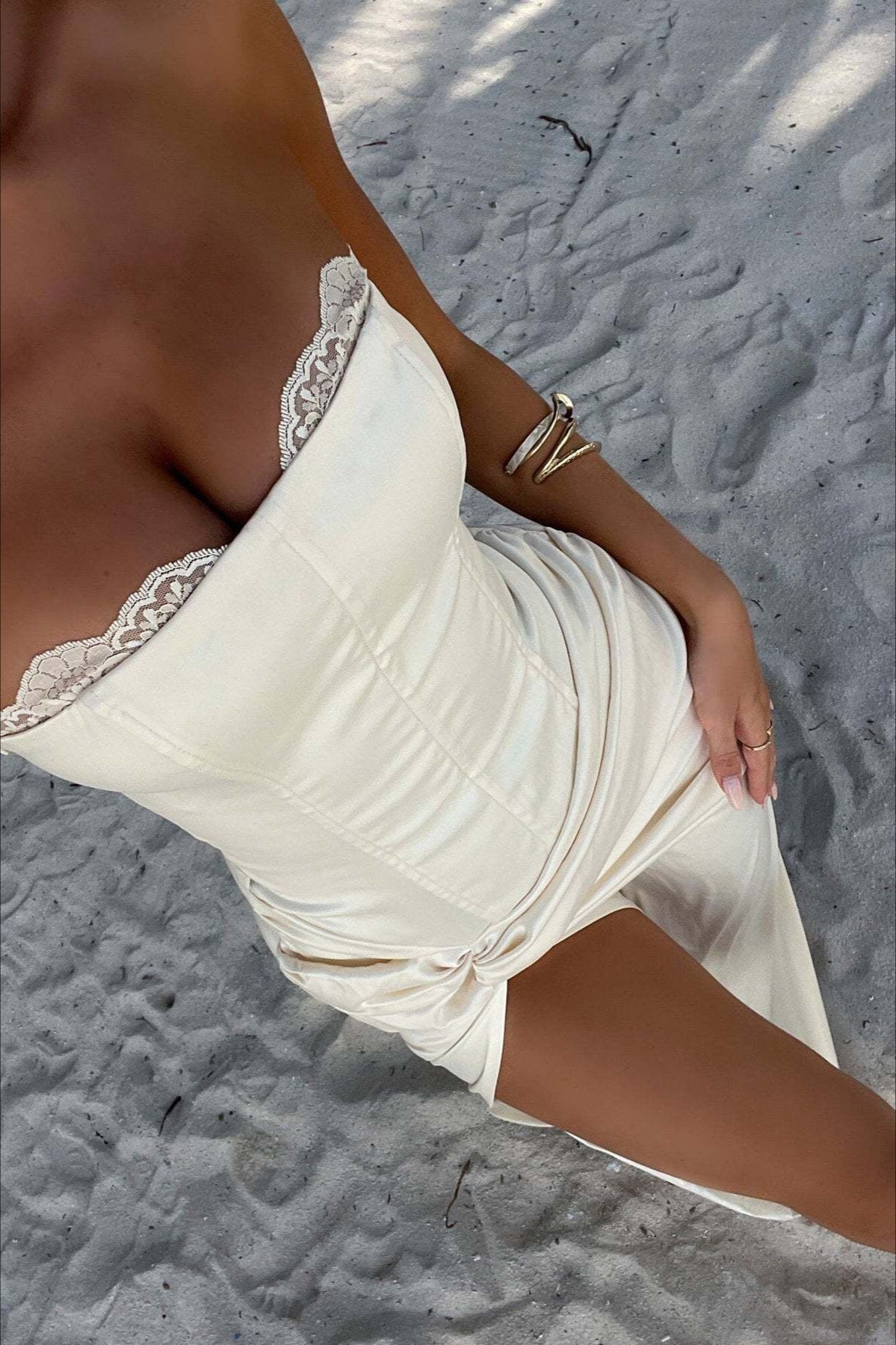 Strapless Corset Lace Trim Knot Drape High Thigh Slit Satin Maxi Dress