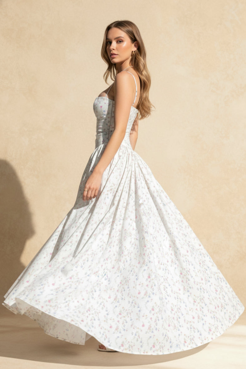 Floral Print Corset Bodice Basque Waist Pleated Ball Gown Maxi Dress
