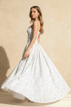 Floral Print Corset Bodice Basque Waist Pleated Ball Gown Maxi Dress