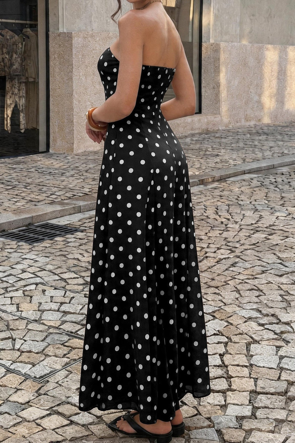 Strapless Polka Dot Paneled Slit Maxi Dress