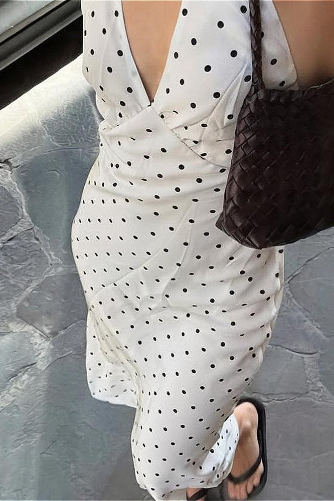 Polka Dot Halter Deep V-Neck Bodycon Midi Dress