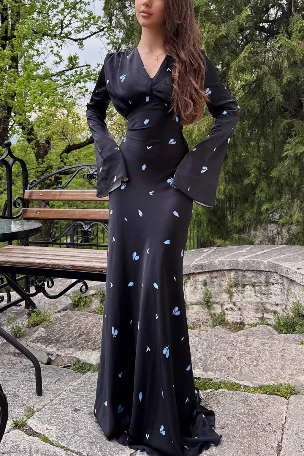 Deep V Neck Flared Sleeve Tiered Maxi Floral Print Dress