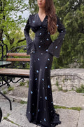 Deep V Neck Flared Sleeve Tiered Maxi Floral Print Dress
