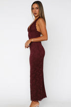 Floral Lace Halter Deep V Scalloped Trim Mermaid Maxi Dress