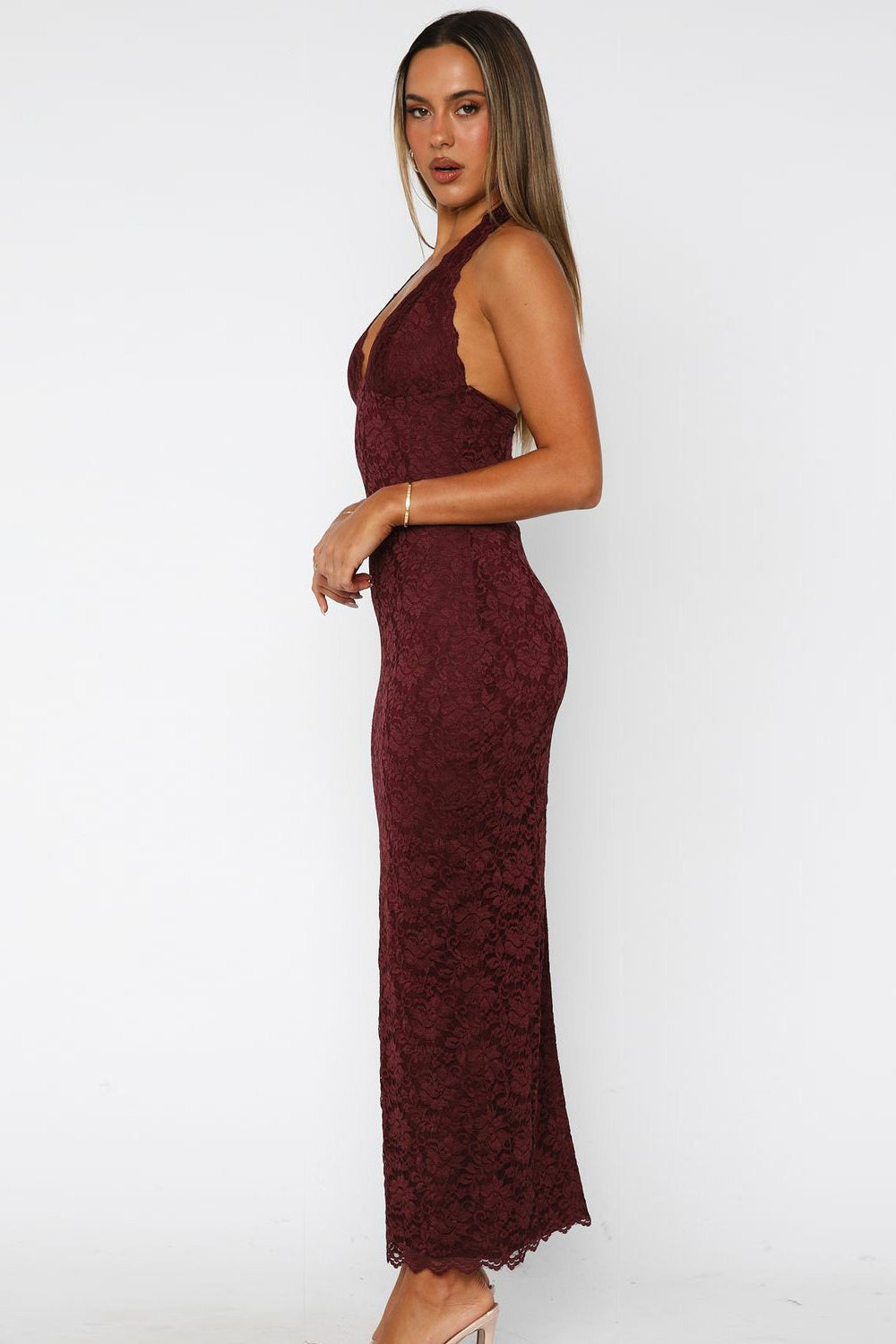 Floral Lace Halter Deep V Scalloped Trim Mermaid Maxi Dress