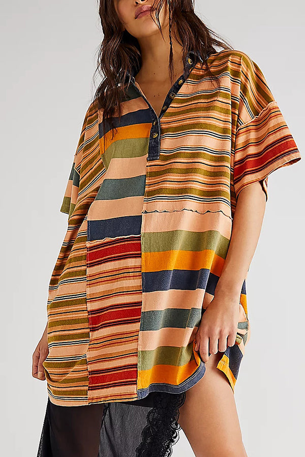 Denim Collar Striped Patchwork Polo Rugby Mini Dress