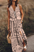 Letter Print Zipper Ring Pull V-Neck Side Slit Maxi Dress