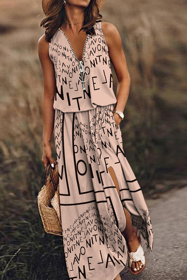 Letter Print Zipper Ring Pull V-Neck Side Slit Maxi Dress