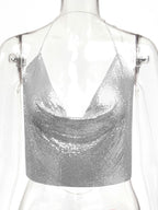 Sexy Straps Halter Metal Tops Sequin Clubwear Tops Sliver Sleeveless Spaghetti Straps Cami Draped Crop For Women