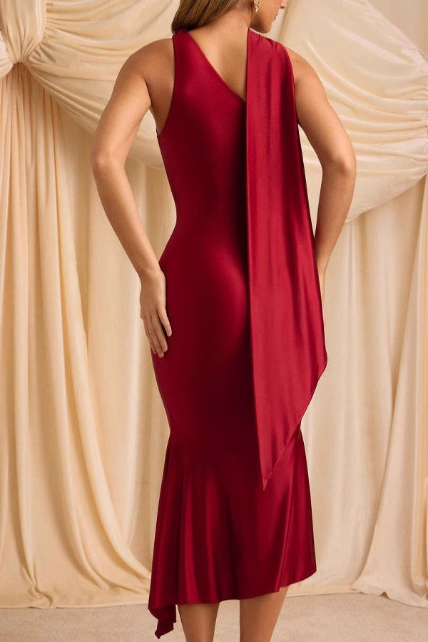 Satin One Shoulder Draped Sash Mermaid Cocktail Midi Dress