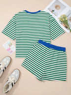 Stripe Boxy Tee and Drawstring Elastic Waist Shorts Set