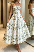 Unique Printed Thin-strapped Pleated Waist Casual Maxi Dress