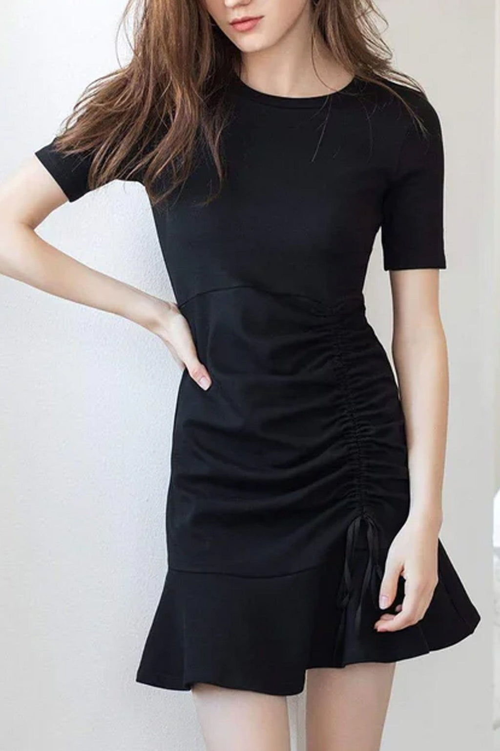 Short Sleeve Round Neck Side Ruched Drawstring Flounce Hem Mini Dress