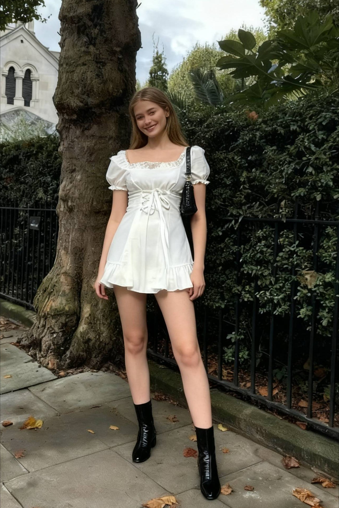 Square Neck Lace Trim Lace Up Corset Puff Sleeve Ruffle Hem Mini Dress