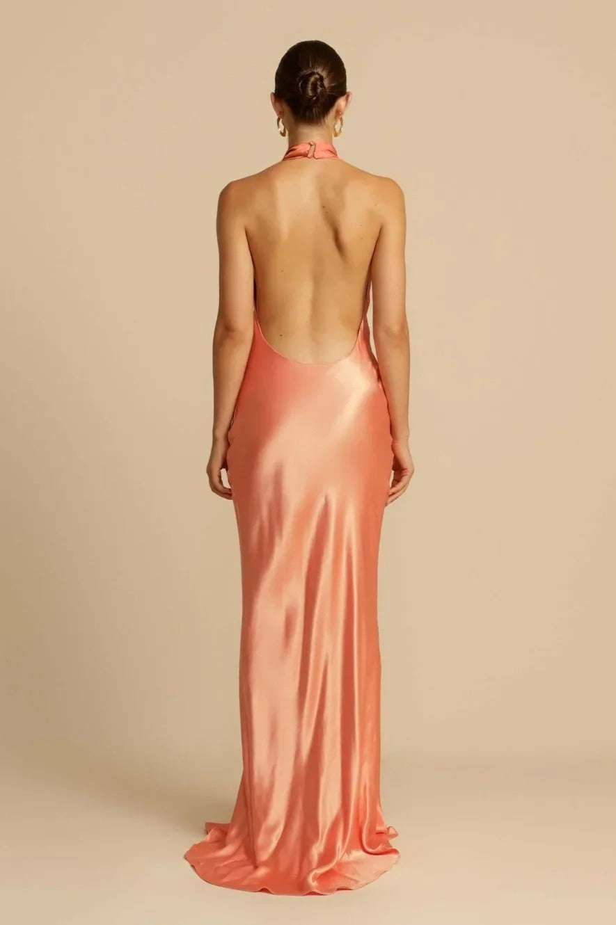 Satin Halter Neck Cowl Draped Bias Cut Trumpet Maxi Gown