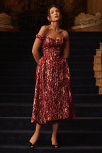 Off Shoulder Floral Lace Overlap Panel Fit and Flare Midi Dress