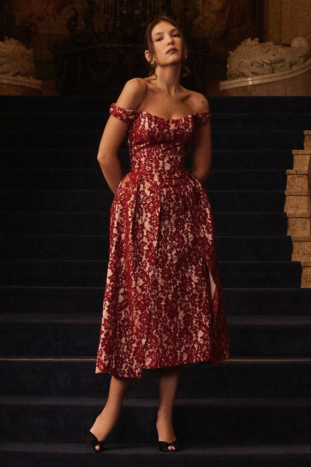 Off Shoulder Floral Lace Overlap Panel Fit and Flare Midi Dress