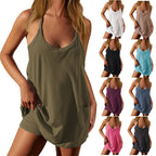 Women's Solid Color Sleeveless Sundress Casual Double Pocket Shorts Jumpsuit