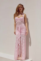 Lace Halter Sweetheart Ruched Sheer Panel Center Ruffle Maxi Dress