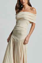 Off Shoulder Dropped Waist Accordion Pleated Maxi Dress