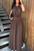 Lightweight Chic Metal Ring Drape Cowl Halter Neck Bodysuit and Elastic Waist Wide Leg Pants Set