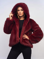 Burgundy Hooded Faux Fur Jacket For Women 2026