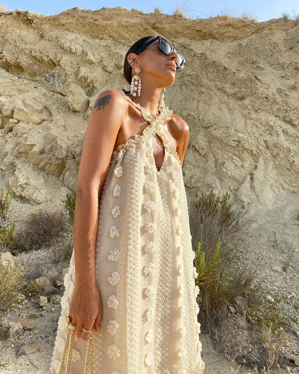 3D Floral Applique Crisscross Halter Tiered Maxi Dress