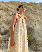 3D Floral Applique Crisscross Halter Tiered Maxi Dress