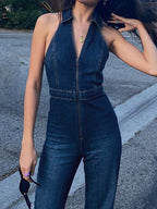 Lapel Neck Backless Zip Up High Rise Jumpsuits