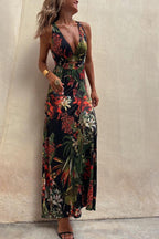 Tropical Print Cross Back Cut Out Backless Halter Maxi Dress