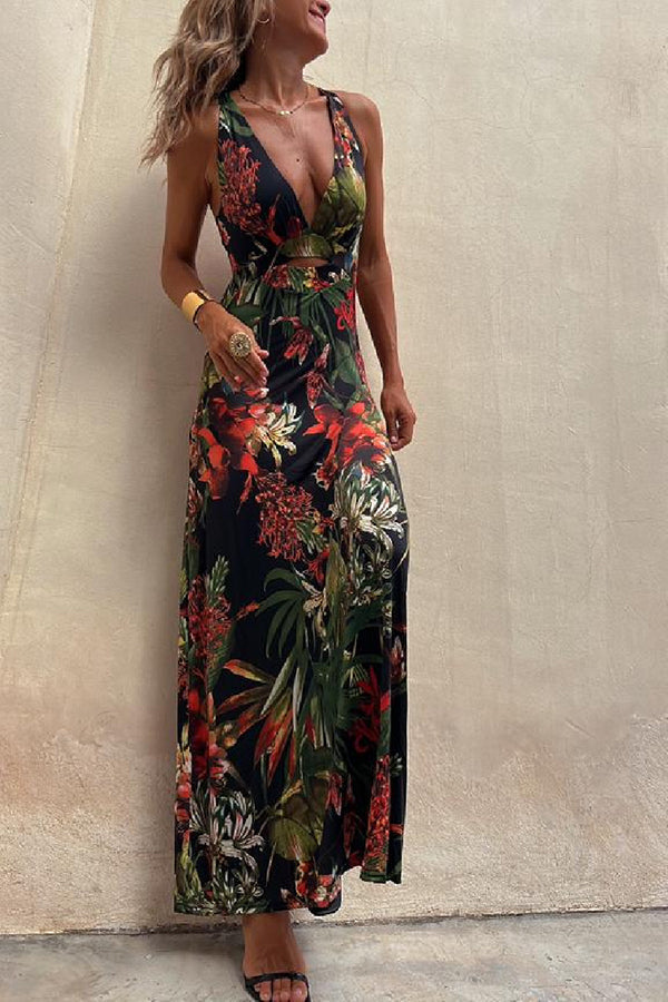 Tropical Print Cross Back Cut Out Backless Halter Maxi Dress