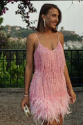 Sequin Fringe Feather Hem Spaghetti Strap Mini Dress
