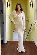 Lace Long Sleeve Tie Front Deep V-Neck Ruffle Trim Bodycon Maxi Dress