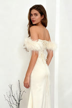 Strapless Feather Trim Neckline Draped Wrap Front Asymmetric Hem Midi Dress